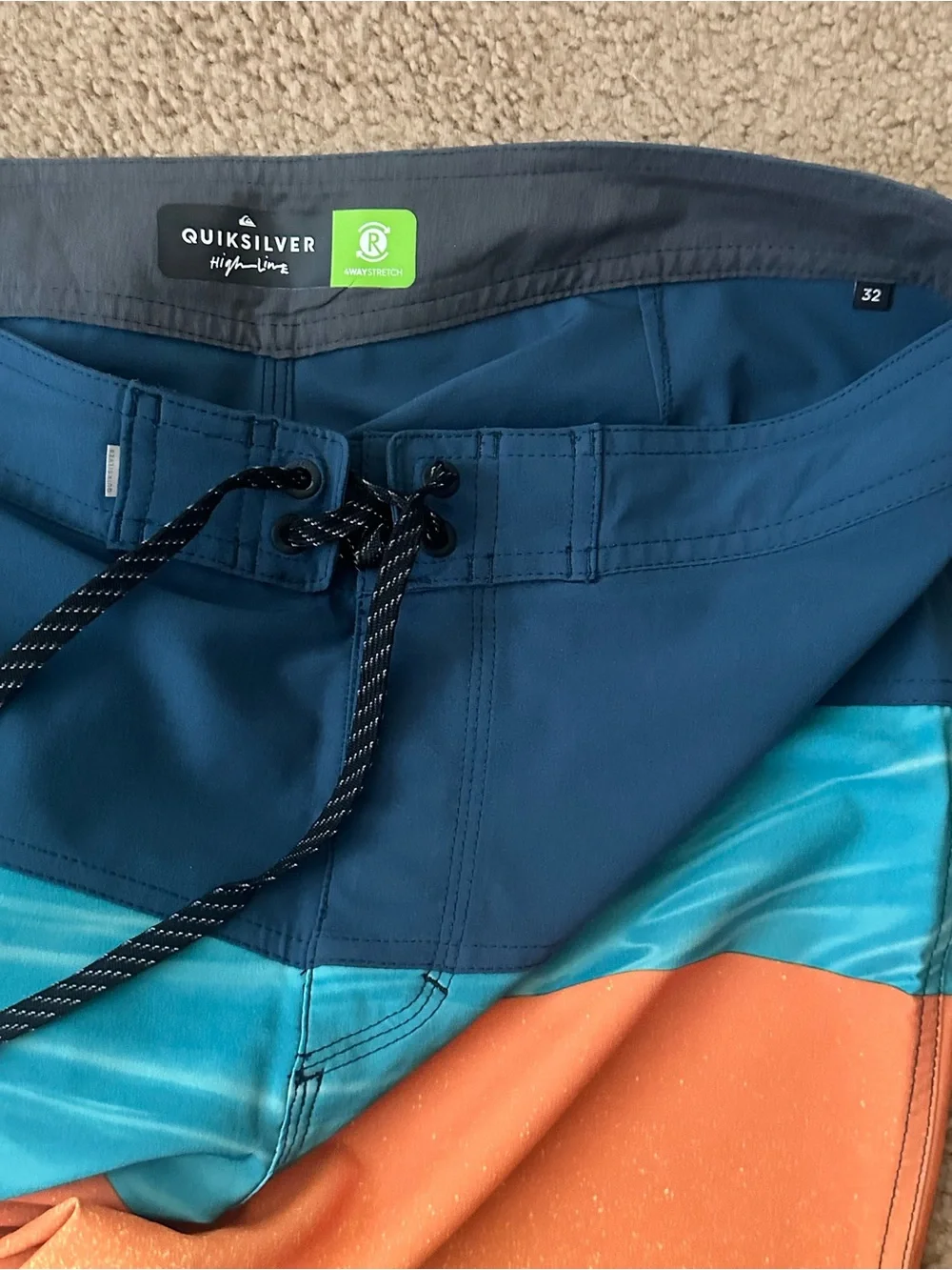 Quiksilver Men’s Teal, Aqua, Orange & Lime Colorblock Board Shorts
